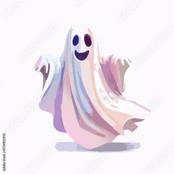 Obraz Vector style illustration of a cheerful ghost in a flowing white sheet, embodying the spooky spirit of Halloween with a playful and whimsical character design
