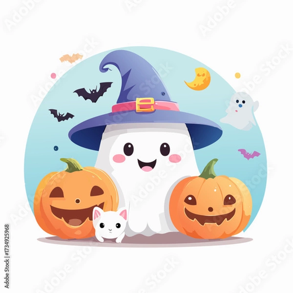 Obraz Adorable ghost character wearing a witch hat stands between two smiling pumpkins, surrounded by playful bats and a cute cat in a pastel vector illustration for Halloween