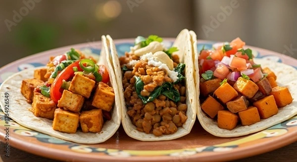 Obraz Delicious tacos with various fillings on a patterned plate closeup