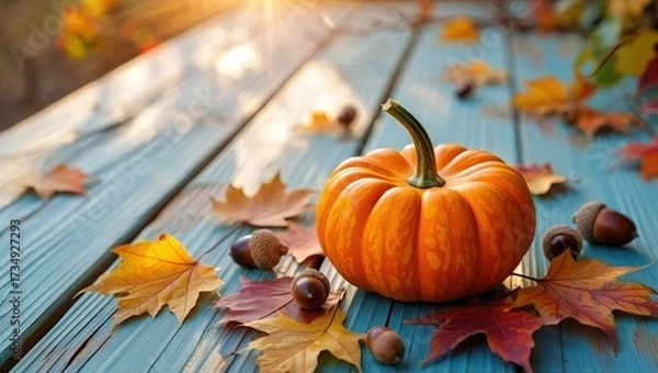 Fototapeta Autumn pumpkin and colorful leaves on a rustic blue wooden table in warm sunlight