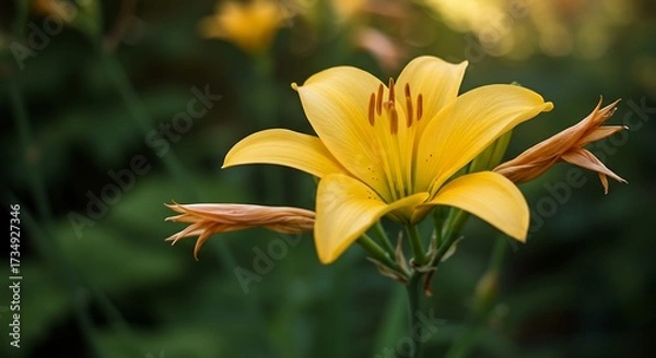Obraz Close up of vibrant yellow lily flower with delicate petals and green leaves