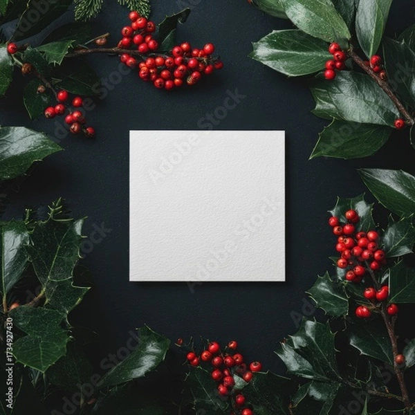 Fototapeta Blank square notecard framed by holly sprigs and berries on dark background