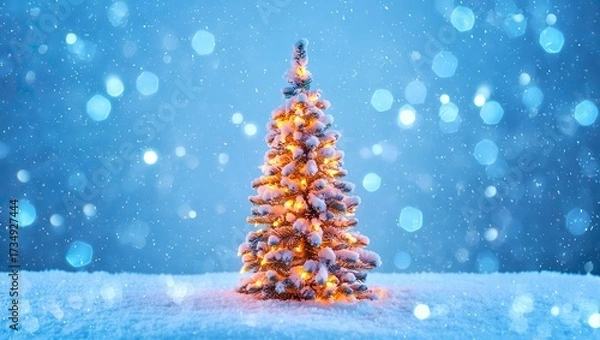 Fototapeta Glowing Christmas tree in a snowy winter wonderland with blue bokeh