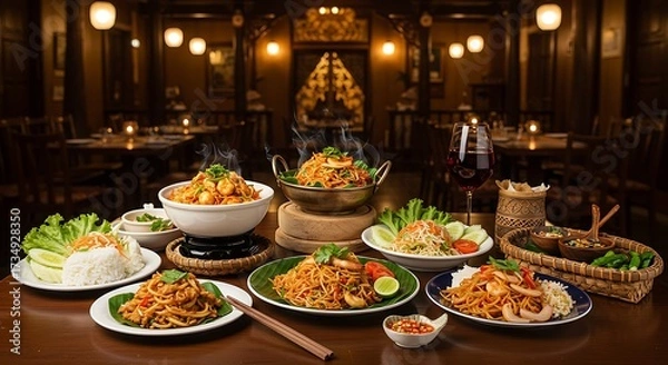 Obraz Delicious thai cuisine displayed on a table in a restaurant setting