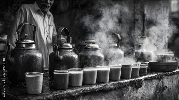 Fototapeta Man making and serving chai from traditional kettles on a street stall, an immersive experience of local culture and hot beverage.