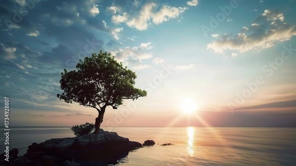 Fototapeta Inspirational scene with a person standing on a hilltop facing a rising sun, arms slightly outstretched, with a vast sky of soft orange and pink hues, distant green valleys, and a small path leading u