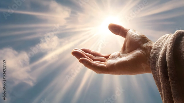 Fototapeta Man's open hand reaching towards bright light from sky. Concept of blessing, hope, spirituality, salvation, inspiration, faith and divine intervention.