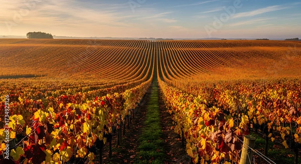 Fototapeta A panoramic view of a lush vineyard in autumn, with rows of grapevines showing vibrant fall colors, under a soft, golden sky. Focus on agriculture and seasons.
