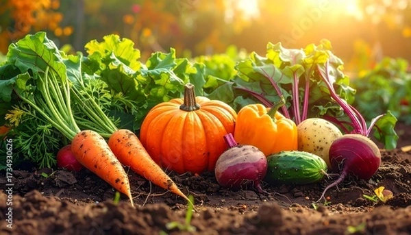 Fototapeta Freshly Harvested Garden Vegetables Displayed on Earthy Ground with Sunlight