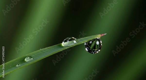 Fototapeta Close up of water droplets on a blade of grass against a green background