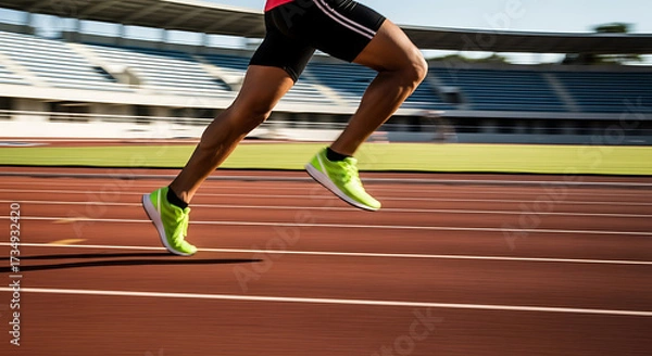 Fototapeta Dynamic shot of a runner's legs in motion on an athletic track, blurring the background to convey speed and focus. Fitness and determination.






