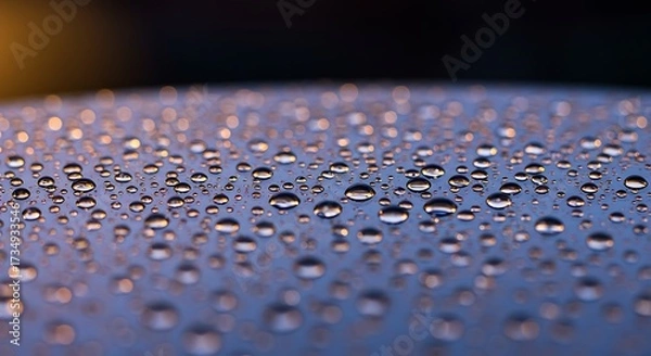 Obraz Close up of water droplets on a reflective surface with soft focus background