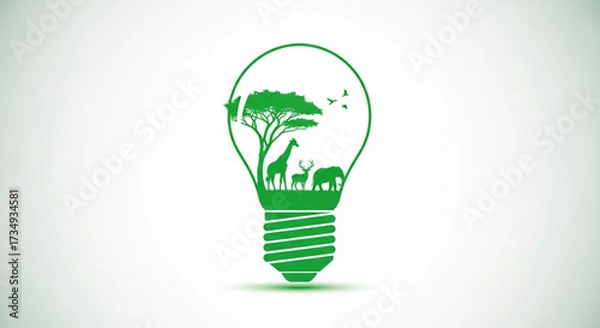 Fototapeta World Wildlife Day Green energy concept Silhouette of a lightbulb filled with nature, animals, and trees, symbolizing ecological balance and sustainability