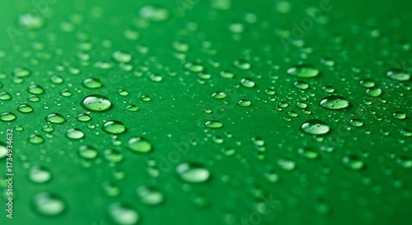 Fototapeta Close up of water droplets on a vibrant green surface macro photography