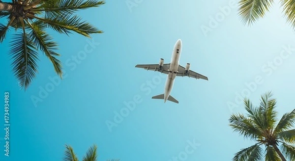 Obraz Airplane flying overhead underneath tropical palm trees against clear blue sky