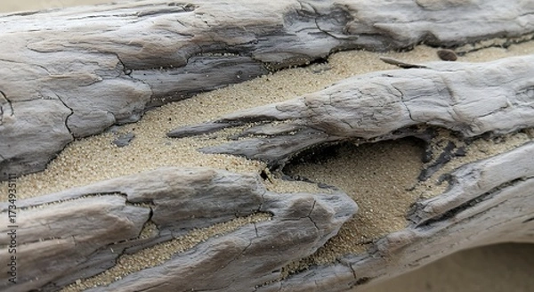 Fototapeta Close up of weathered driftwood with sand in cracks natural textures