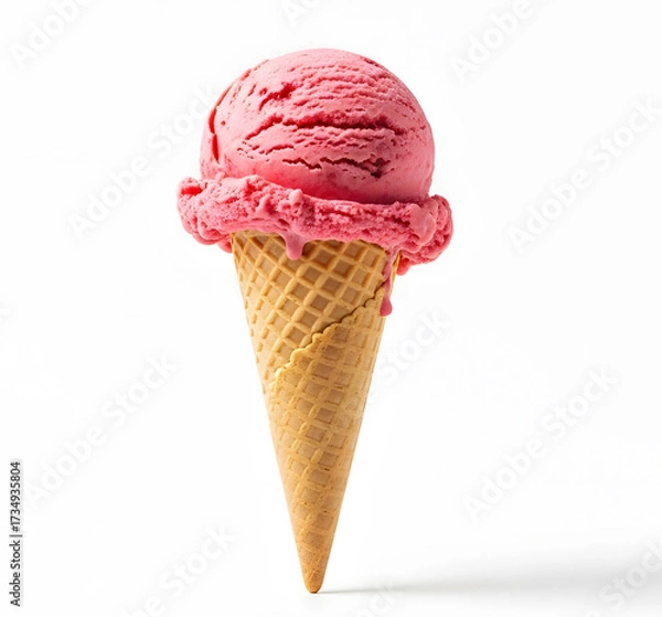 Fototapeta Strawberry Ice Cream Cone: A delightful scoop of strawberry ice cream sits perched atop a crisp, waffle cone, a perfect treat for a hot summer day.