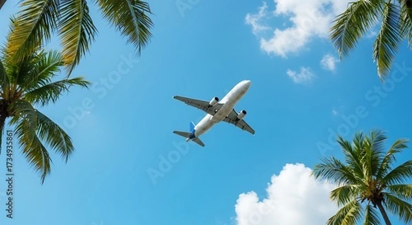 Obraz Airplane soaring through blue sky with palm trees framing