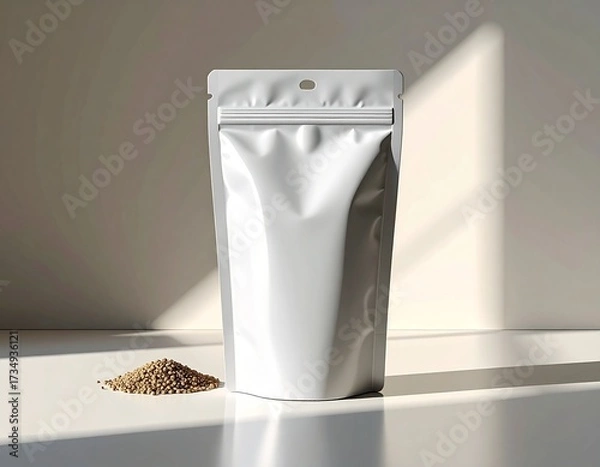 Obraz A blank white stand-up pouch mockup next to a pile of seeds on a white surface with natural sunlight and shadows.