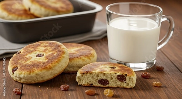 Obraz Delicious welsh cakes with milk in a glass on a wooden table setting