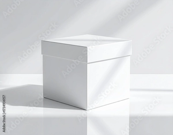Obraz A minimalist white square box with a lid sits on a reflective surface with soft shadows.