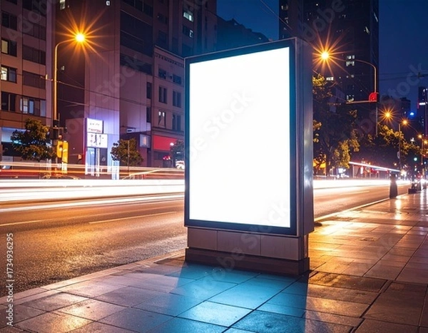 Obraz Blank illuminated billboard on a city street at night with blurred light trails from passing traffic.