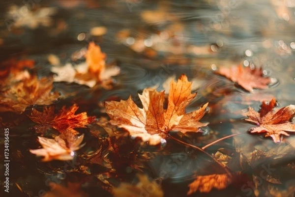 Fototapeta Reflective Autumn Serenity - Wet Orange Leaves on Gentle Waves.