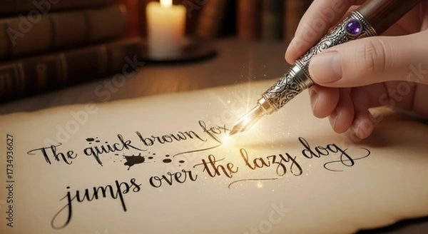 Fototapeta Hand writing a classic pangram with a magical glowing pen on old parchment.