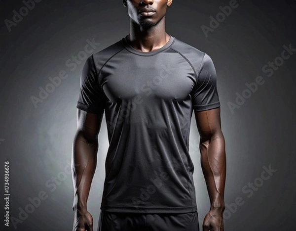 Obraz A fit Black man in a dark athletic t-shirt stands against a spotlighted grey background, showcasing activewear.