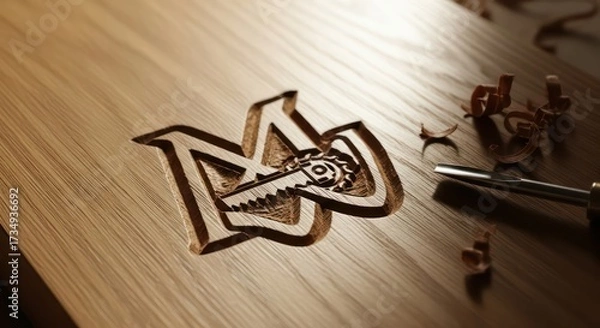 Fototapeta Intricate wooden logo design with key and letter combination on wood surface.