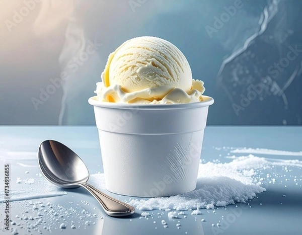 Obraz A close-up shot of a scoop of vanilla ice cream in a white cup with a spoon.