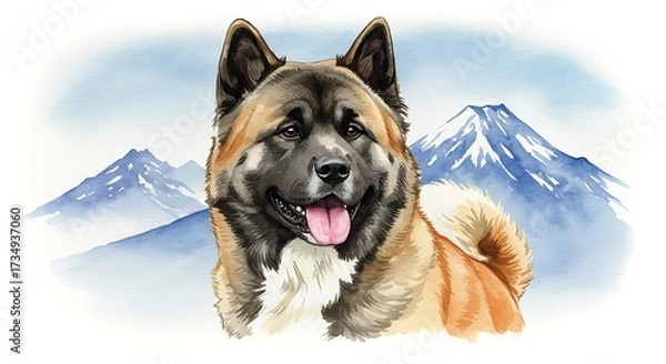Obraz Akita dog portrait with mountain backdrop watercolor illustration