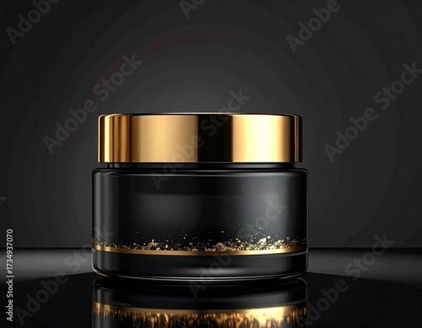 Obraz Elegant black cosmetic jar with golden accents on a dark background.