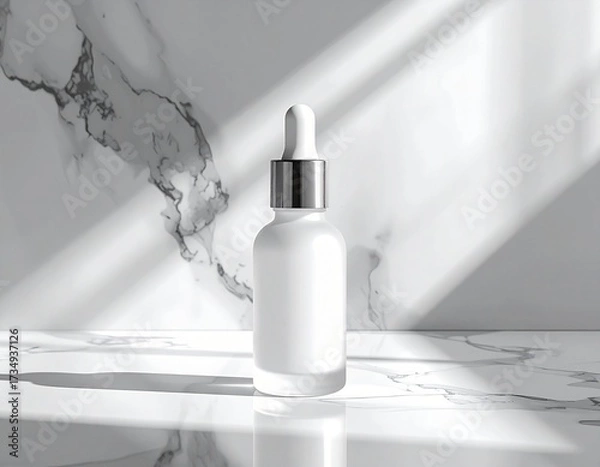 Obraz Minimalist Frosted Dropper Bottle Mockup on Marble with Sunlight Shadows, Ideal for Skincare and Cosmetic Product Displays