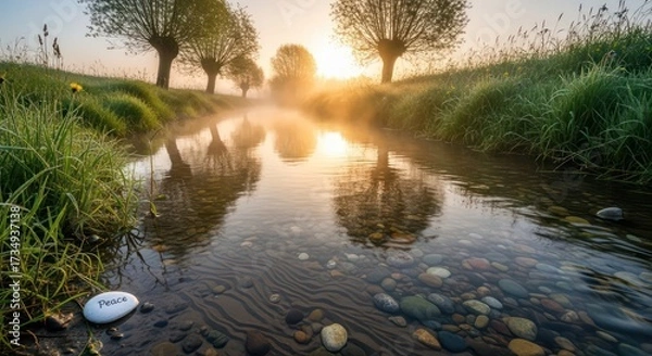 Fototapeta Misty Morning Sunrise Over a Tranquil Stream with Willow Trees Reflected in the Water.