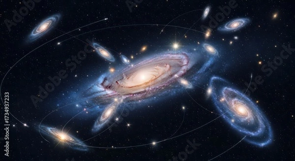 Fototapeta A central spiral galaxy surrounded by its many satellite dwarf galaxies.
