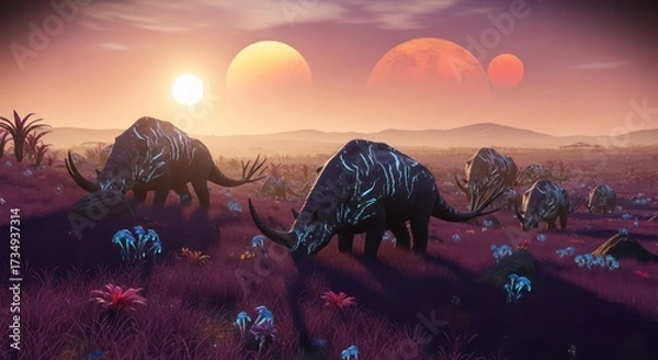 Fototapeta Alien creatures graze on a vibrant purple alien planet under a multi-moon sunset.