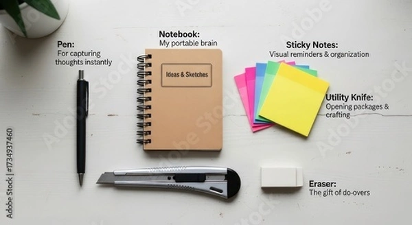 Fototapeta Stationery Essentials - Notebook, Pen, Sticky Notes, and Utility Knife.