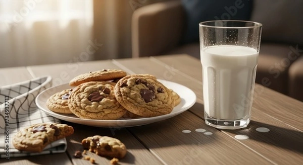 Fototapeta Delicious Chocolate Chip Cookies with a Glass of Milk on a Wooden Table.