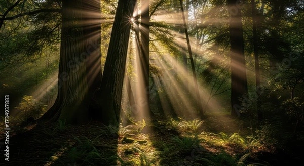 Fototapeta Sunlight streaming through forest trees creating beautiful light rays and shadows.