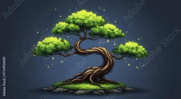 Fototapeta Enchanting Bonsai Tree with Glowing Particles in Mystical Forest Setting.