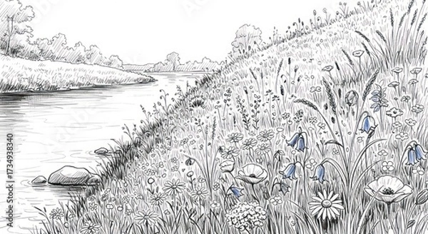 Fototapeta Detailed Black and White Illustration of a Lush Meadow Beside a Winding River.