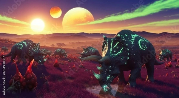 Fototapeta Alien Planet Landscape with Exotic Creatures and Multiple Suns at Sunset.