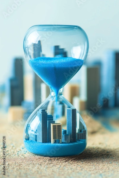 Fototapeta Cityscape in an Hourglass: A visual metaphor for time running out, urban development, and the fleeting nature of progress.