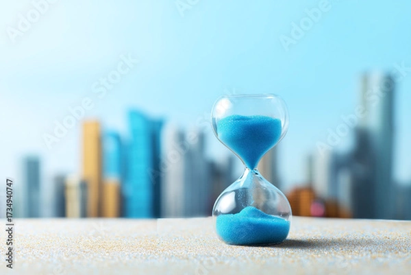 Fototapeta Hourglass with blue sand, city skyline background. Time running out concept, deadlines, urgency. Perfect for business and planning.