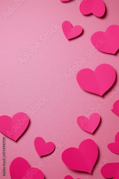 Fototapeta Festive pink background with paper hearts scattered around the surface, perfect for Valentine's Day or celebratory events.