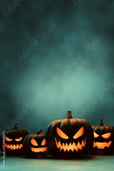 Fototapeta Spooky Jack-o'-Lanterns: A collection of carved pumpkins glowing eerily in the dim light, perfect for Halloween decorations