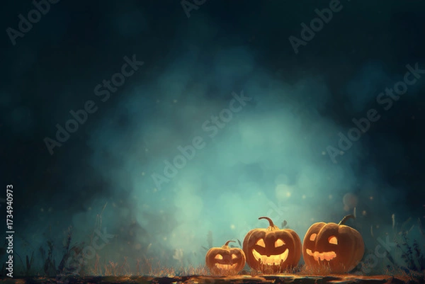 Fototapeta Three illuminated jack-o'-lanterns sit in a field, casting a spooky glow against a dark, moody Halloween night backdrop.