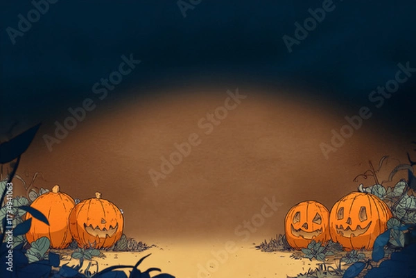 Fototapeta Whimsical Halloween scene with pumpkins, set against a dark background, evokes a playful and festive autumnal atmosphere.
