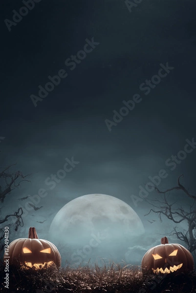 Fototapeta A spooky Halloween scene with illuminated pumpkins under a full moon and bats, perfect for autumn festivities.